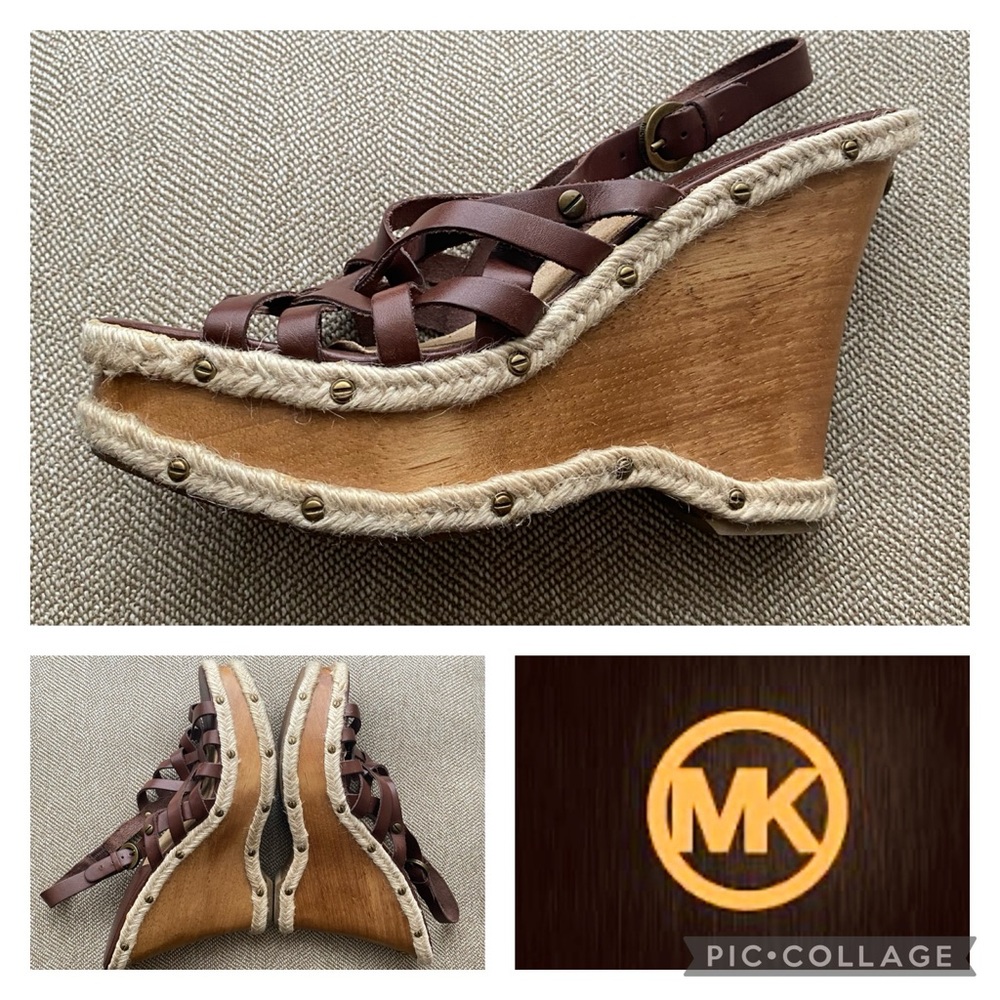 Michael Kors Brown Leather Jute 70’s Boho Festival Wedge Sandals. Size 11. EUC.